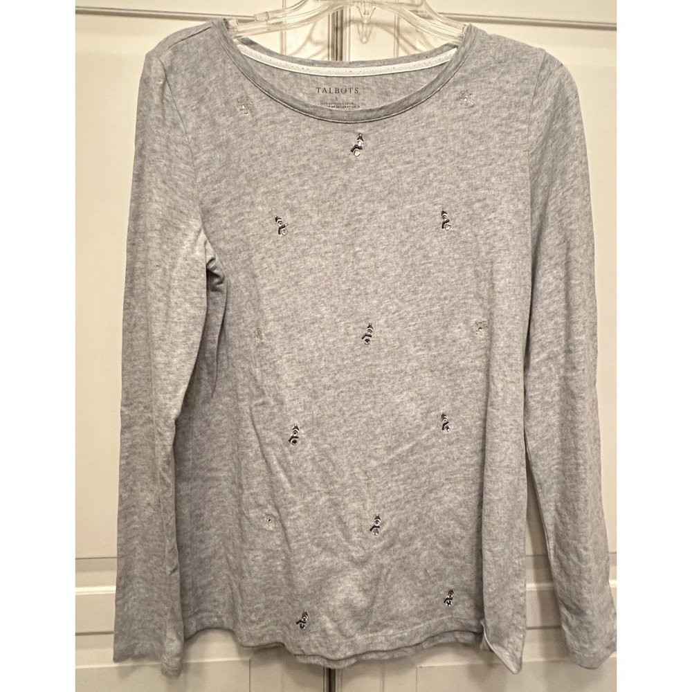 Talbots T Shirt Top Womens Small Long Sleeve Snowman Snowflake Gray‎ Long Sleeve